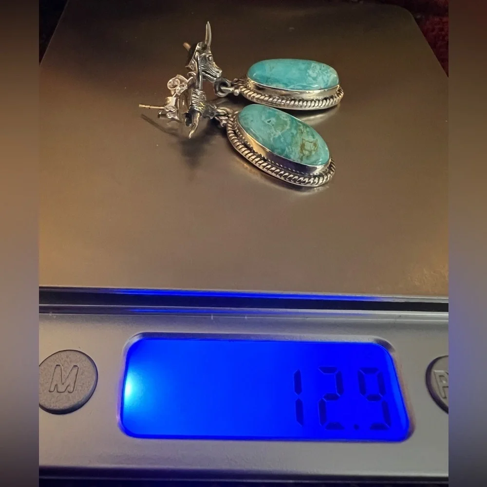 ❤️ Bull’s Head Mohave Turquoise Navajo Sterling 1.45”L Statement Earrings 12.9gm